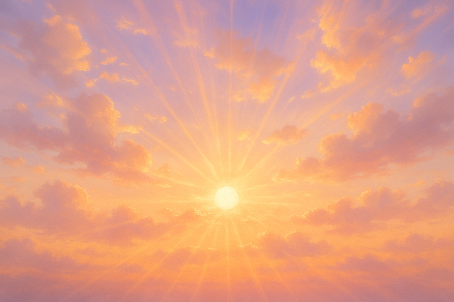 soft sunsent with sunbeams radiating outward with soft clouds